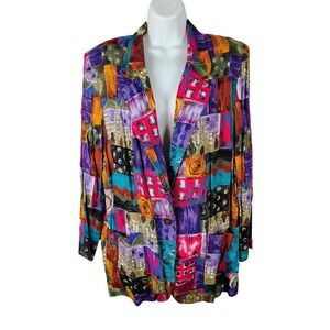 Danielle B VTG Abstract Geometric watercolor Blazer Jacket Multi Color Rayon Med